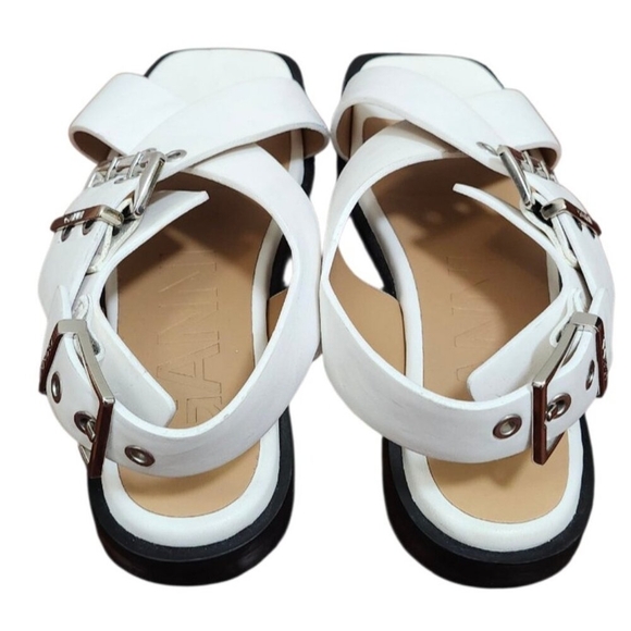 Ganni White Leather Criss Cross Sandals Square Toe Buckle Slingback Sz 40 / 10 - Picture 9 of 15